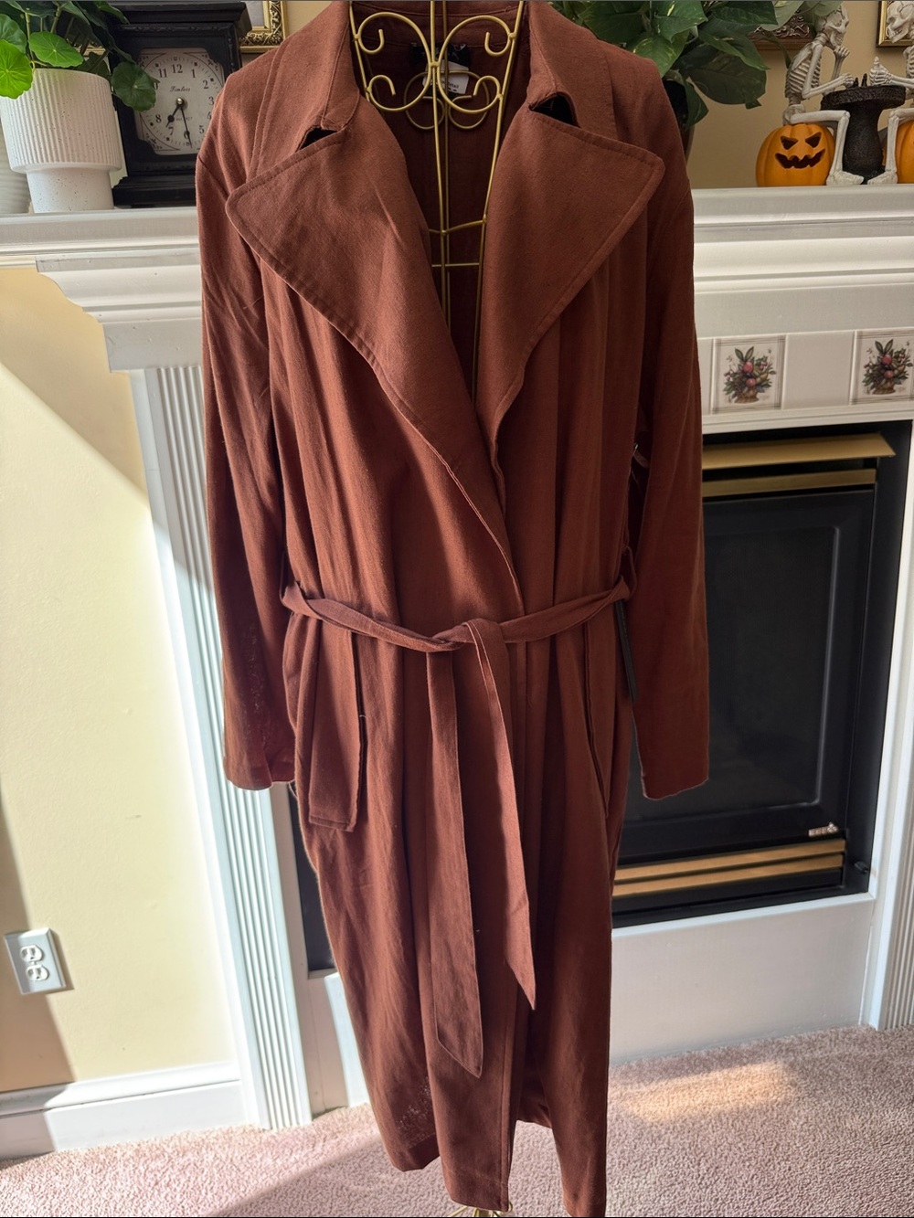 Tahari Rust Brown Long Belted Trench Coat linen blend large nwt sku24